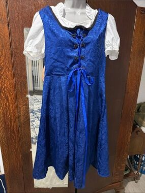 Blue Womans Bavarian Dirndl Costume Dress with Puff Sleeve Blouse